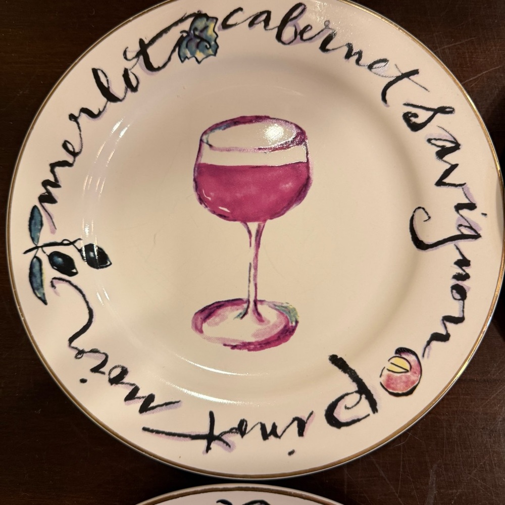 Rosanna Wine-Themed 8” Plates with Gold Trim set of 4 - Picture 2 of 7